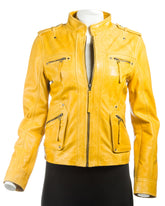 Ladies Yellow Tab Collar Biker Style Leather Jacket: Anastasia
